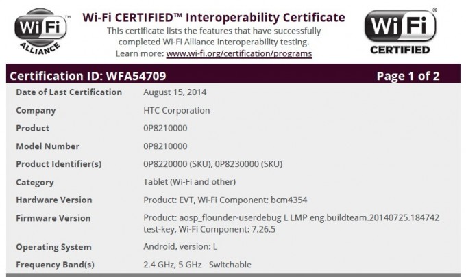 HTC Nexus 8 одобрен Wi-Fi Alliance